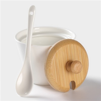 Банки для сыпучих BellaTenero, 150 мл, с ложками, на бамбуковой подставке, фарфор, белые