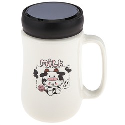 Кружка фарфоровая "Молоко" 480мл, д7,9см h13,5см, глянцевая глазурь, с деколью - микс, цвет - белый, пластмассовая, винтовая крышка, герметичная, с силиконовым уплотнителем, д/горла 6,3см, д/основания 6см, в подарочной коробке (Китай)