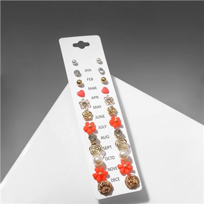 Серьги пусеты One year, 12 пар, цветочное ассорти, бело-розовые в золоте