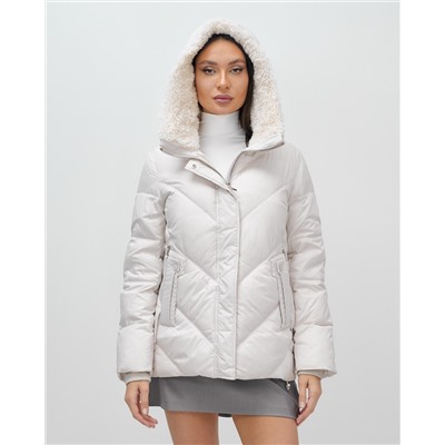 Куртка зимняя женская из овчина стильная и модная бежевого цвета 7348B