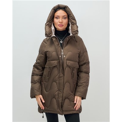 Куртка зимняя женская с капюшоном модная темно-коричневого цвета 7653TK