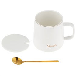 Кружка фарфоровая "Simple" 370мл, д9см h9см, матовая глазурь, отводка золотом, деколь с золотом, цвет - белый, фарфоровая крышка, ложка металл., окрашенный "золото" 13см, д/горла 8см, д/основания 8,5см, в подарочноый коробке (Китай)