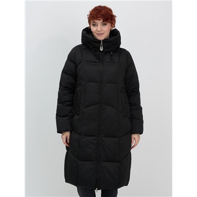 Пальто зимнее утепленное с капюшоном женское черного цвета 7702Ch