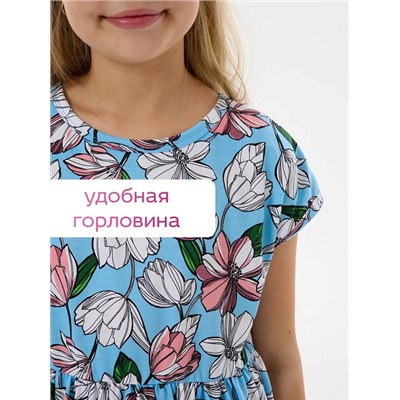 Детское платье "Ласточка" / Розовые тюльпаны на голубом