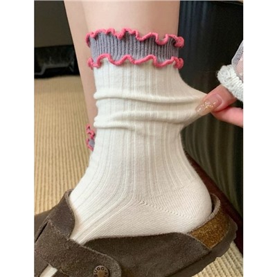 "Cake Series" Contrast Color Wood Earrings Medium Socks Women Ins Dopamine Double Lace Pure Cotton Stack Socks
