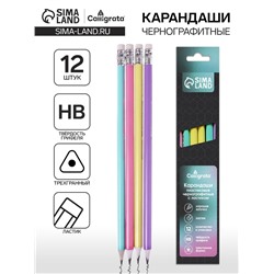 Набор карандашей чернографитных 12 штук, Calligrata Pastel, с ластиком, заточенный, пластик, трехгранный, МИКС