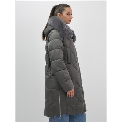 Пальто зимнее утепленное с мехом и капюшоном тренд темно-зеленого цвета 7753TZ