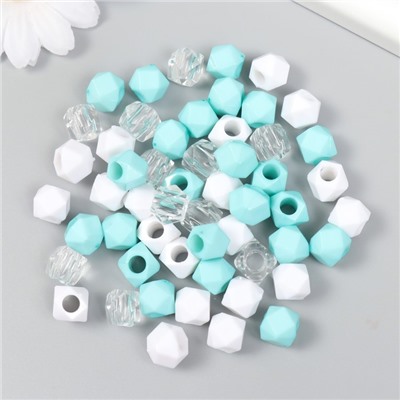Бусины пластик «Кристалл многогранник. Мятный, белый, прозрачный», набор 30 г, 1×1×1 см