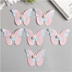 Декор для творчества текстиль вышивка «Бабочка розово-голубая», двойные крылья, 5×6.3 см