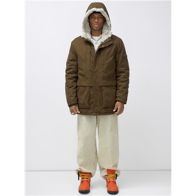 Парка мужская зимняя удлиненная с мехом темно-коричневого цвета 2608TK