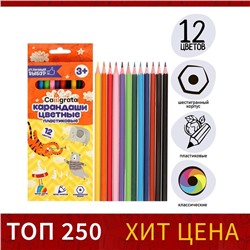 Карандаши цветные 12 цветов Calligrata, ЭКОНОМ, заточенные, шестигранные, пластиковые, картонная упаковка, европодвес