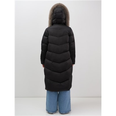 Двубортное пальто зимнее утепленное с мехом и капюшоном черного цвета 7626Ch