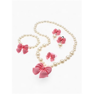 Набор детских украшений Выбражулька «Бант», 4 предмета: кулон, браслет d=6 см кольцо, клипсы, бело-розовый