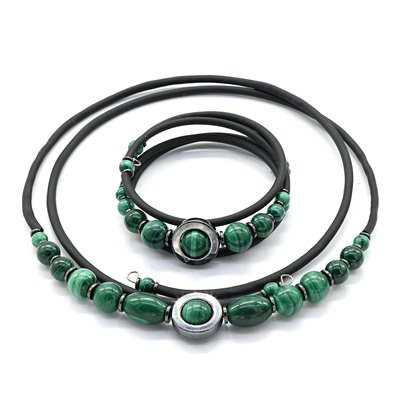 Комплект чокер и браслет с малахитом шарики 5-10мм, 43см, 17см