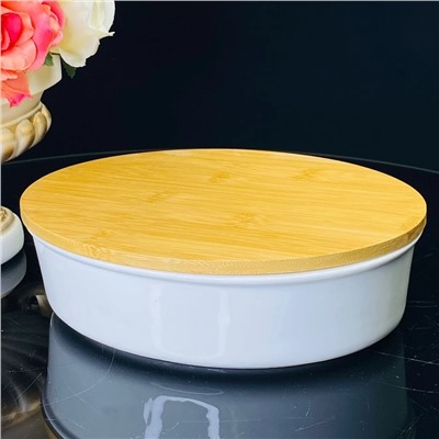 142-091 Овальное блюдо для запекания 19см с бамбук.крышкой в под.уп.(х16)Фарфор