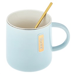 Кружка фарфоровая "Happy" 420мл, д9,2см h9,6см, глянцевая глазурь, отводка золотом, декор с золотом, цвет - голубой, фарфоровая крышка, ложка металл., окрашенный "золото" 14,3см, д/горла 8,3см, д/основания 7,7см, в подарочноый коробке (Китай)