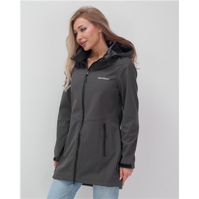 Парка спортивная женская с капюшоном softshell темно-серого цвета 9568TC