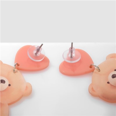 Серьги пластик «Сердца» мишки, цвет розово-бежевый в золоте