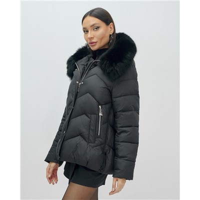 Куртка зимняя женская с мехом и капюшоном тренд черного цвета 7759Ch