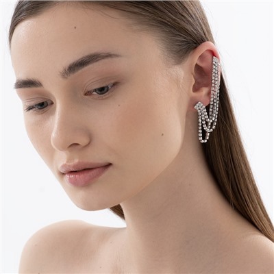 Серьга кафф «Подвески», со стразами, цвет белый в серебре