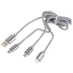 USB кабель 3в1 для iPhone 5/6/6Plus/7/7Plus/micro USB/Type-C 1.2м AWEI CL-970 текстильный (серебро)