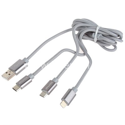 USB кабель 3в1 для iPhone 5/6/6Plus/7/7Plus/micro USB/Type-C 1.2м AWEI CL-970 текстильный (серебро)