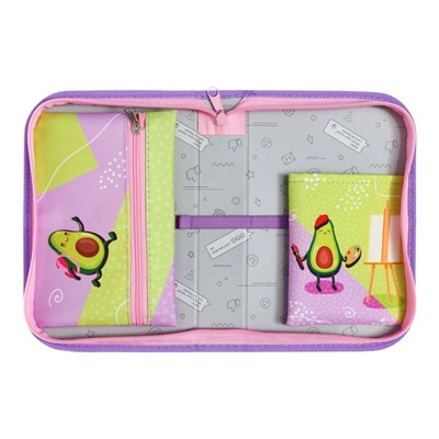 Пенал 1 секция 140 х 210 х 40 мм, откидной карман и косметичка, тканевый, Calligrata TOP Content "Авокадо стайл"