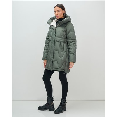 Куртка зимняя женская с капюшоном модная цвета хаки 7653Kh