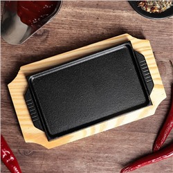 Сковорода «Прямоугольник», 23.5×12×3 см, с ручками, на деревянной подставке, индукция, чугун, чёрная