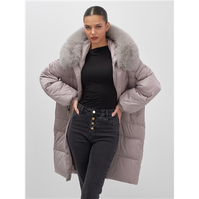 Пальто зимнее утепленное с мехом и капюшоном тренд светло-коричневого цвета 7629SK