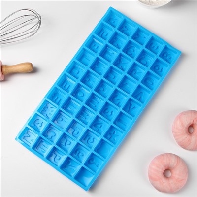 Форма для шоколада Доляна «Алфавит для бенто-тортов», силикон, 50 ячеек, 35×18.5×2 см, синяя