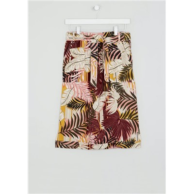 Palm Print Belted Linen Skirt