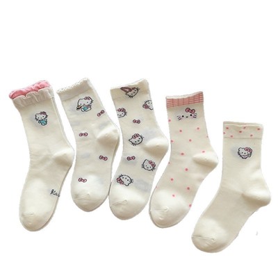 Cute summer cotton cartoon knee socks with bow, mid-length