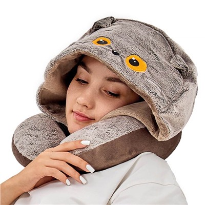 Мягкая игрушка "Кот Басик подушка на шею с капюшоном" (32 см)