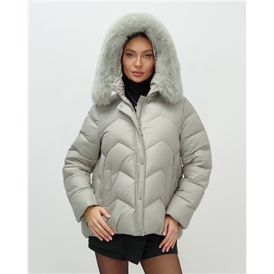 Куртка зимняя женская с мехом и капюшоном тренд светло-зеленого цвета 7759ZS
