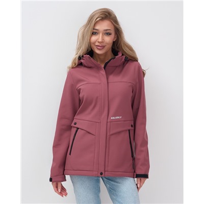 Ветровка спортивная женская с капюшоном softshell малинового цвета 9566M