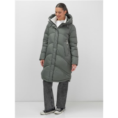 Пальто зимнее утепленное с капюшоном женское цвета хаки 7747Kh