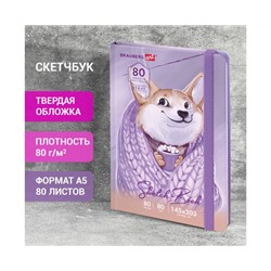 Скетчбук, белая бумага 80г/м 145х203мм, 80л, резинка, твердый, BRAUBERG ART DEBUT, Корги, 114579