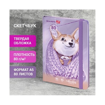 Скетчбук, белая бумага 80г/м 145х203мм, 80л, резинка, твердый, BRAUBERG ART DEBUT, Корги, 114579