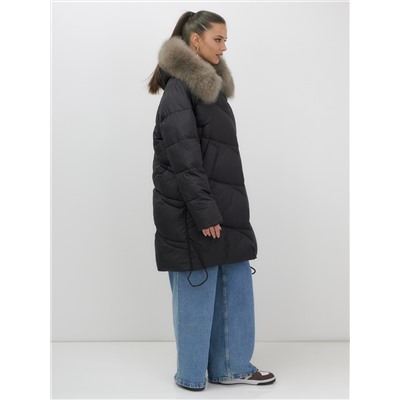 Пальто зимнее утепленное с мехом и капюшоном тренд черного цвета 7745Ch