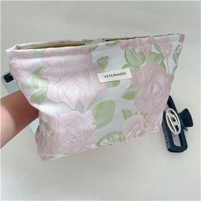 Fresh capacious cosmetic bag, handheld storage bag for traveling, with embroidery, flowered