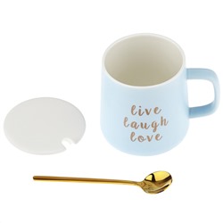Кружка фарфоровая "Пожелания" 370мл, д9,1см h9см, матовая глазурь, деколь с золотом, цвет - голубой, фарфоровая крышка, ложка металл., окрашенный "золото" 13,2см, д/горла 7,9см, д/основания д8,6см, в подарочный коробке (Китай)