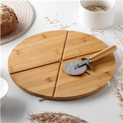 Доска для подачи пиццы Доляна, d=32 см, в комплекте с ножом, бамбук, нержавеющая сталь