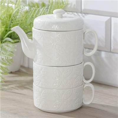 Набор чайный Доляна «Эстет. Орнамент», 3 предмета: чайник 400 мл, 2 кружки 280 мл, фарфор, белый