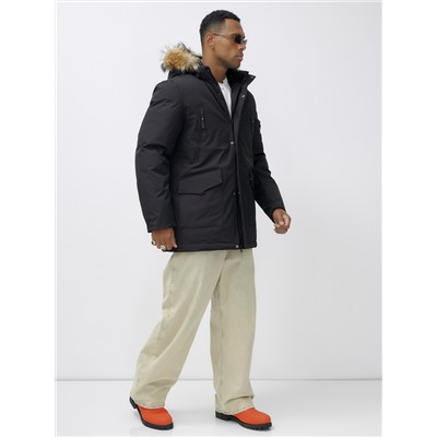 Парка мужская зимняя удлиненная с мехом черного цвета 602_1Ch