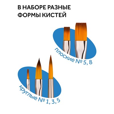 Набор кистей Гамма "Классические" 5шт., синтетика, круглые № 1, 3, 5, плоские № 5, 8, блистер, европодвес