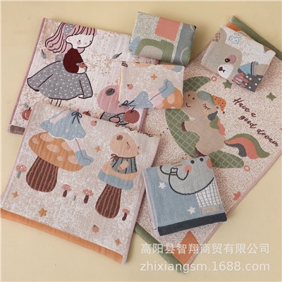 Gaoyang Manufacturer Wholesale Children's 25*50 Pure Cotton Jacquard Children's Scarf Dark Cartoon Thick Soft Water-Absorbing Hand Wipe