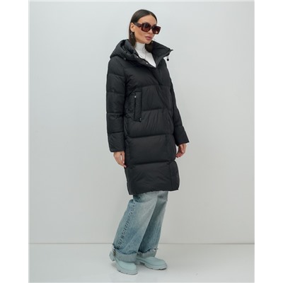 Пальто зимнее утепленное с капюшоном женское черного цвета 7618Ch