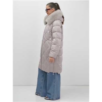 Пальто зимнее утепленное с мехом и капюшоном тренд светло-коричневого цвета 7753SK