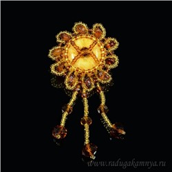 Брошь с янтарём и бисером Подсолнух 38*38мм цв.коньячный